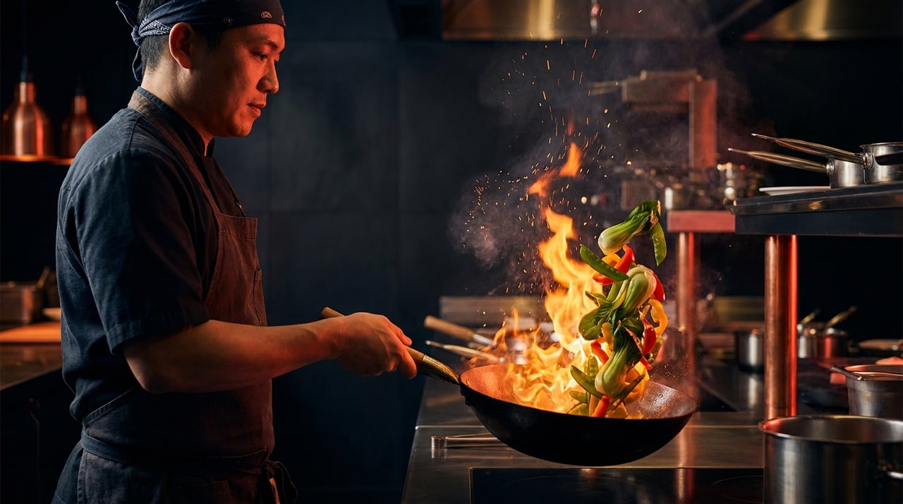 Flammender Wok – Hero-Entwurf für ein Restaurant