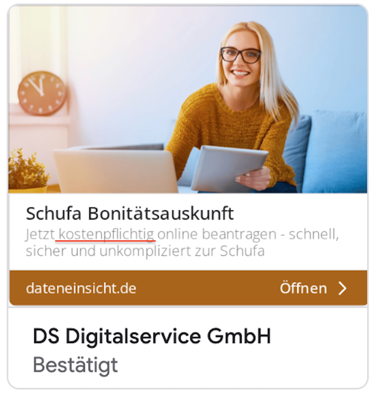 Google Ads Anzeige dateneinsicht.de mit Hinweis kostenpflichtig