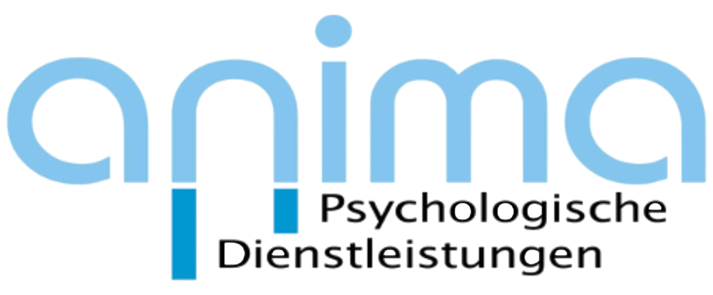 Anima Psychologische Dienstleistungen Logo in hellem und dunklem Blau auf grünem Hintergrund.