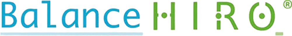 Balance HERO Logo in Blau und Grün mit einem kleinen Kreis und R-Symbol.