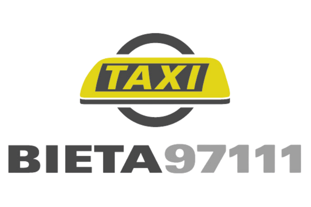 Gelbes Taxi-Schild mit "TAXI" darüber und "BIETA97111" darunter auf grünem Hintergrund.
