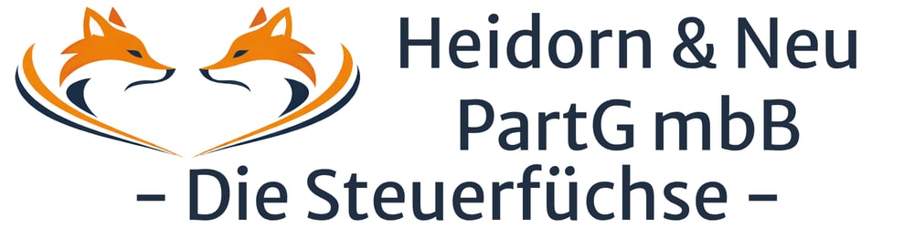 Logo mit zwei stilisierten orange-schwarzen Füchsen, die ein Herz bilden. Text: Heidorn & Neu PartG mbB - Die Steuerfüchse -.