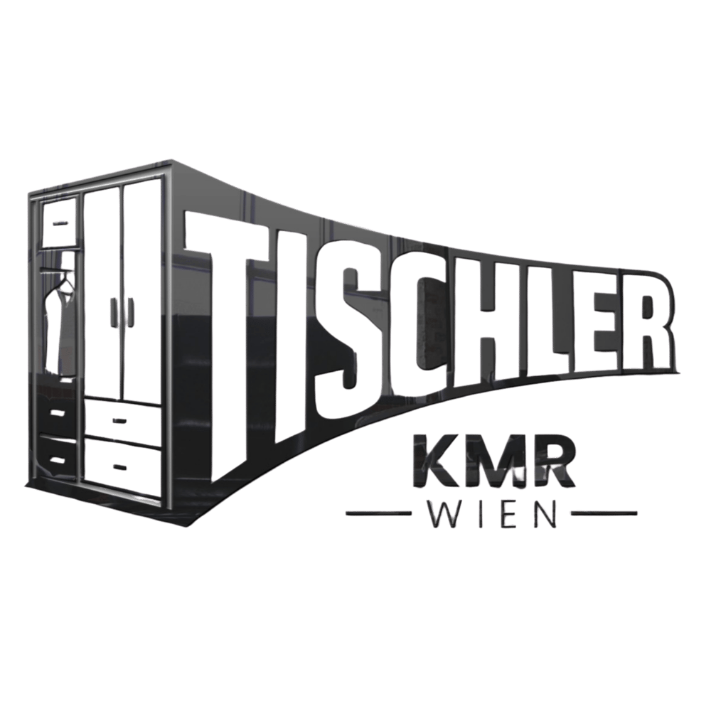 Logo mit Schrank und dem Text "TISCHLER KMR WIEN" in Grün- und Grautönen.