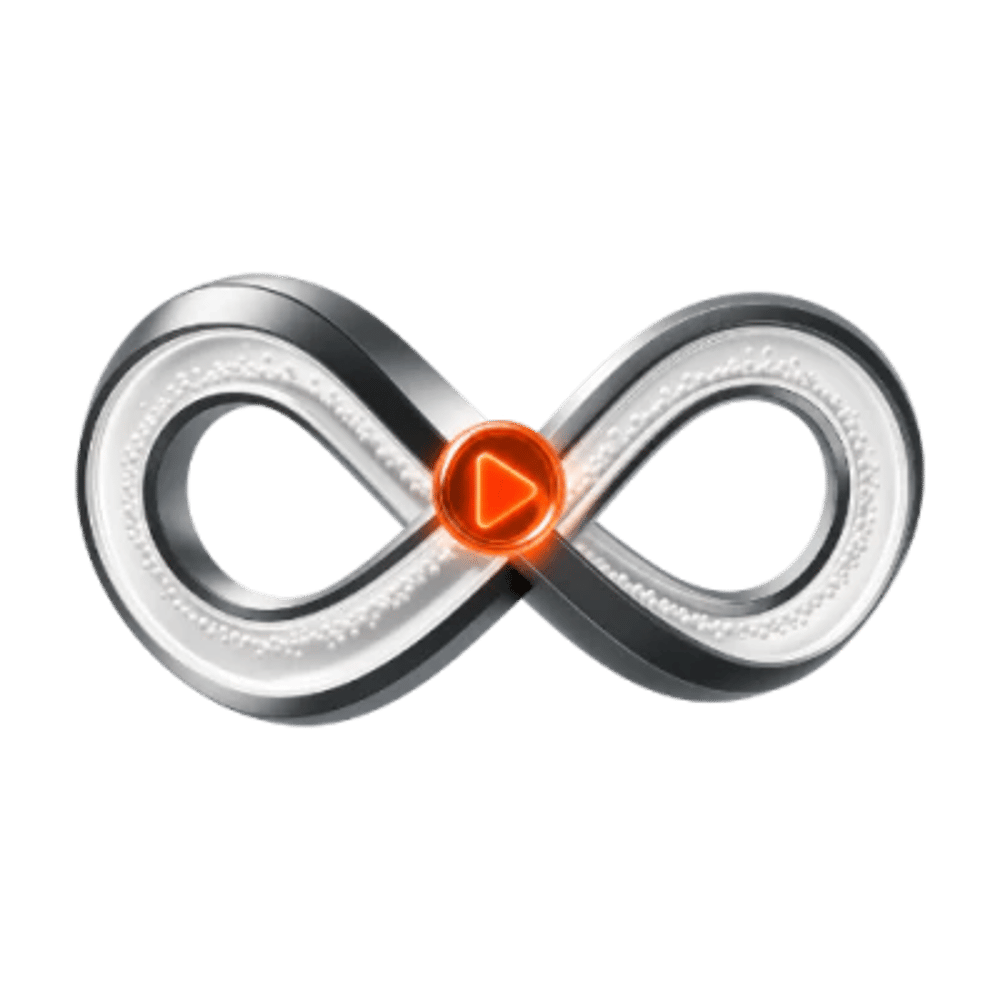 Silbernes Unendlichkeitssymbol mit leuchtend weißer Füllung und einem zentralen orangefarbenen Play-Button auf schwarzem Grund.