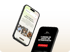 Zwei Smartphones zeigen Webseiten: links eine Getränke-App, rechts eine Coaching-Webseite.
