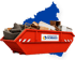 Roter Schuttcontainer mit Sperrmüll und Schrass-Logo vor blauer Landkarte.