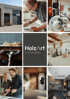 Collage: Tischlerei HolzArt Gebäude, Schreiner bei der Arbeit, Hobelspäne, Werkstatt, zwei Männer, moderne Holztür, Empfangsbereich.