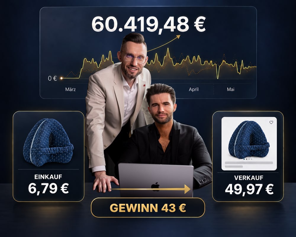 Marco Hellfach und Oleg Zajc vor einem Shop-Dashboard mit 60.419,48 € Umsatz