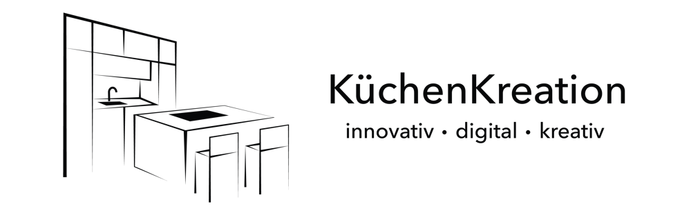 KüchenKreation Logo: Stilisierte Küche mit Spüle, Insel und zwei Hockern, daneben Text "KüchenKreation Innovativ • Digital • Kreativ".