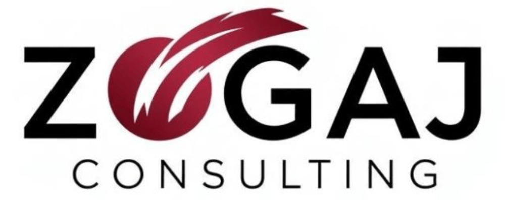 Das Logo von ZOGAJ CONSULTING zeigt den Firmennamen in schwarzer Schrift, mit einem dunkelroten, gefiederten Design, das das "O" umschließt.