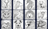 Grid of twelve black and white line art animal coloring pages including a deer, kingfisher, seahorse, and dog.