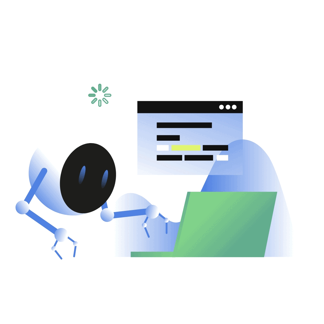 Ein Roboter tippt auf einem Laptop. Darüber wird eine Website angezeigt, in der farblich etwas markiert wird. 