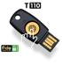 Clé de sécurité noire USB-A avec un capteur d'empreintes digitales jaune, texte "T110" et logo FIDO2.