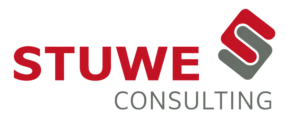 STUWE CONSULTING Logo mit rotem Text und einem grauen "S" Symbol.