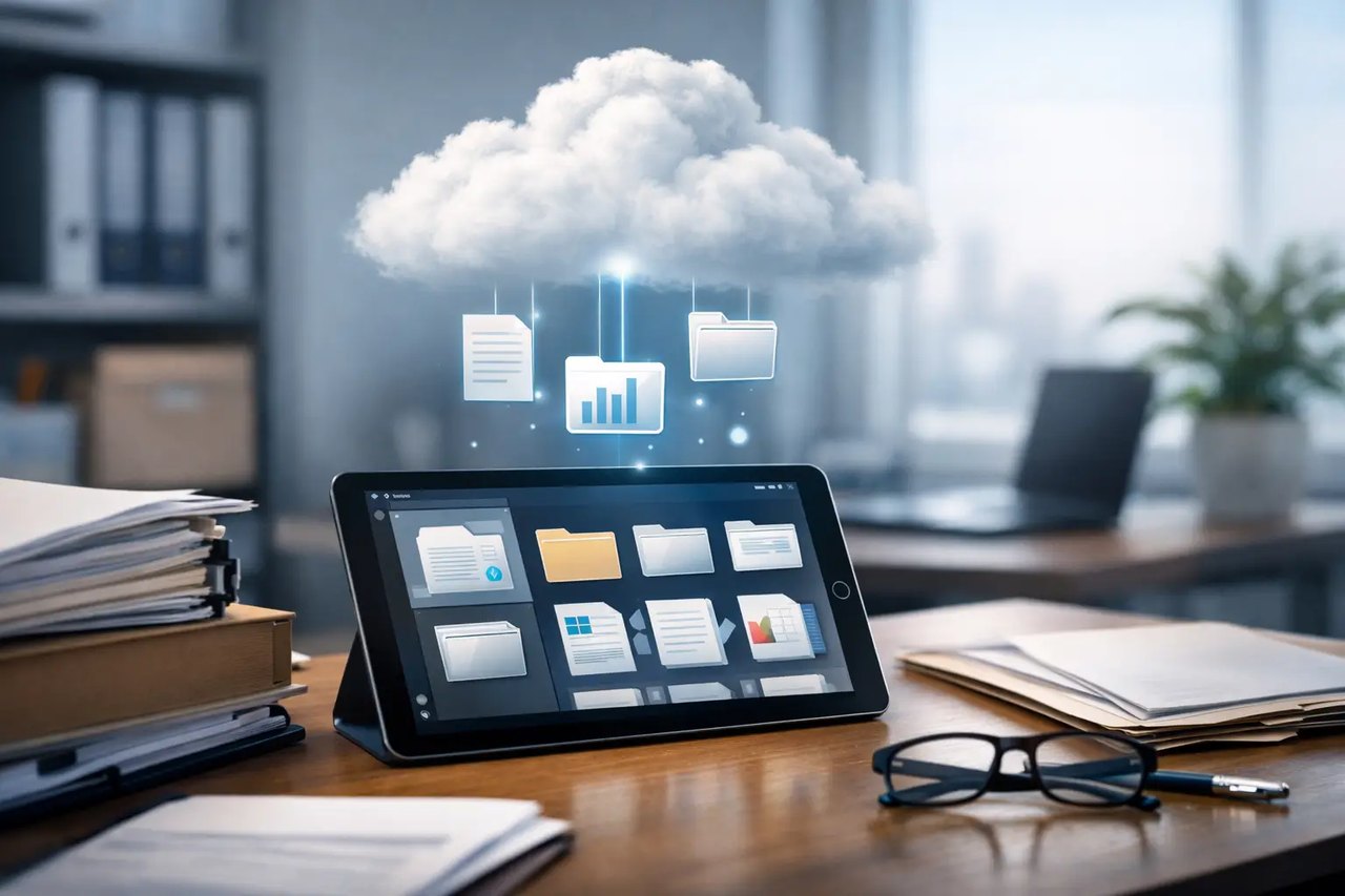 Ein Tablet auf einem Schreibtisch überträgt digitale Dokumente und Ordner drahtlos in eine schwebende Cloud.