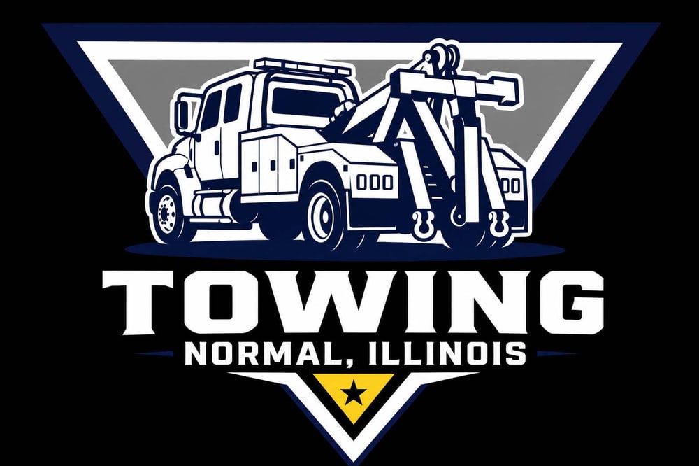 Logo for Towing Normal, Illinois featuring a heavy-duty tow truck inside a triangular shield.