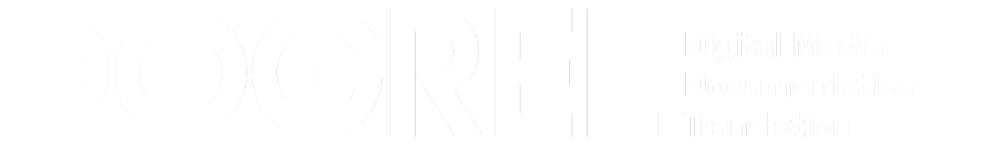 DOGREL Logo in Weiß auf Schwarz mit dem Text Digital Media Documentation Translation.