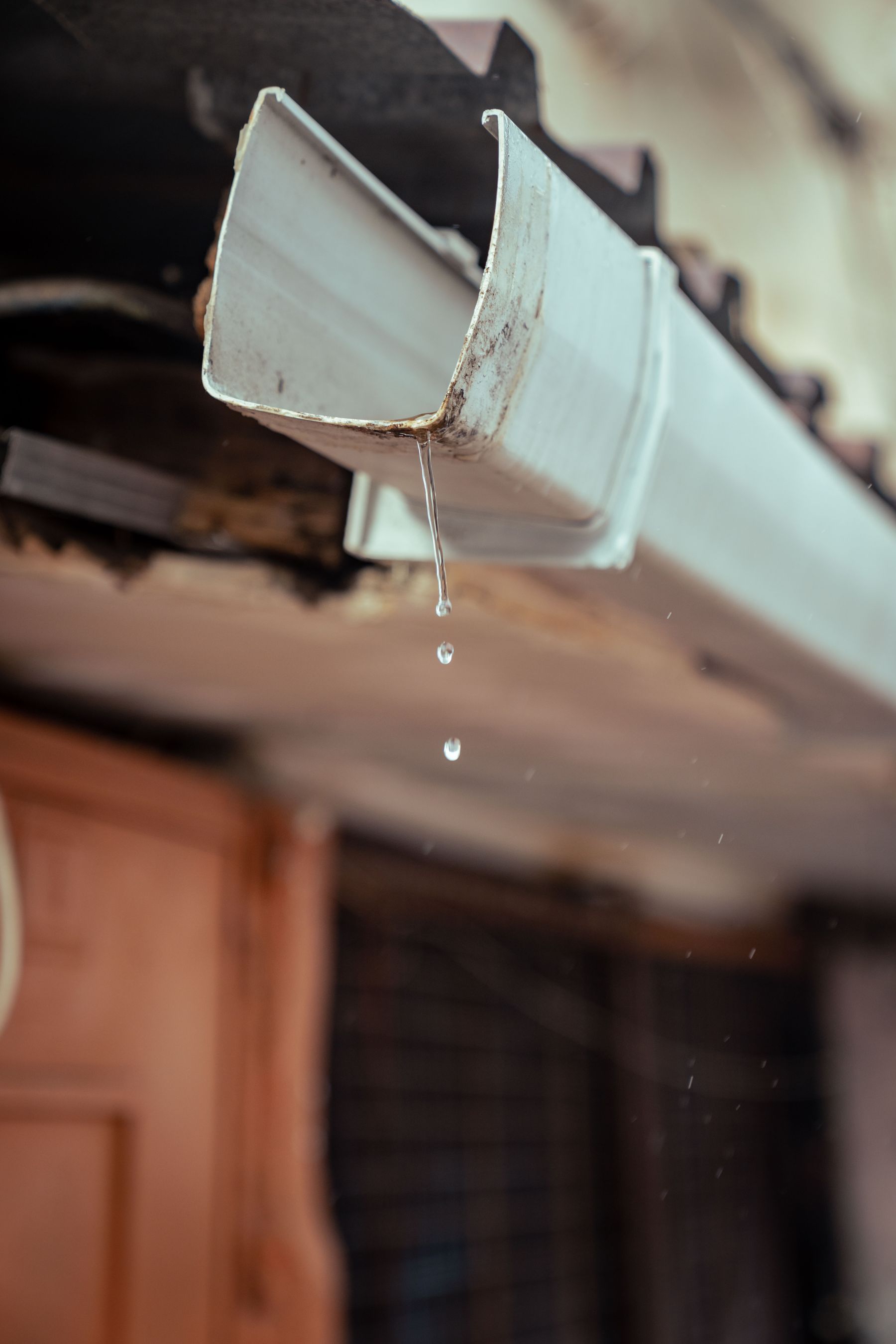 Rainwater pouring from a house gutter during heavy rainfall