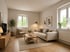 Leeres, modernes Wohnzimmer mit Holzboden, weißen Wänden, Balkontür und Küchenzeile mit blauen Schränken.