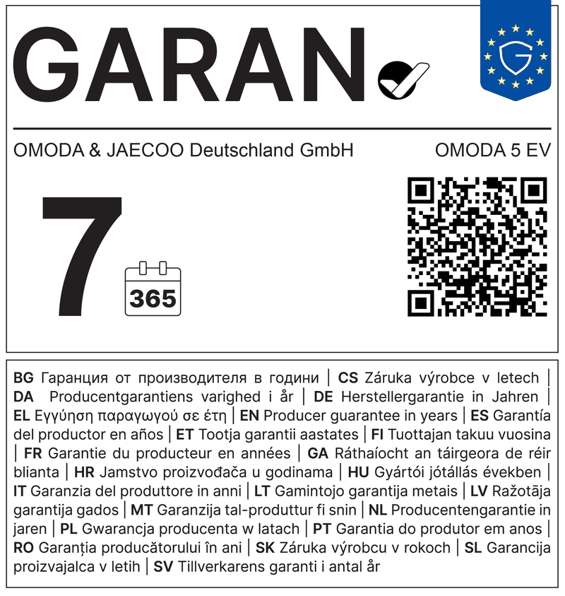 GARAN-Kennzeichnung Omoda 5 EV: 7 Jahre Herstellergarantie, OMODA & JAECOO Deutschland GmbH