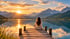 Frau sitzt auf einem Holzsteg an einem Bergsee bei Sonnenuntergang vor schneebedeckten Gipfeln.