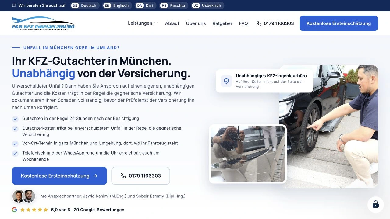 Tatsächliche Startseite des E&R KFZ Ingenieurbüros mit Leistungsversprechen, Gutachterbildern und direkter Kontaktmöglichkeit
