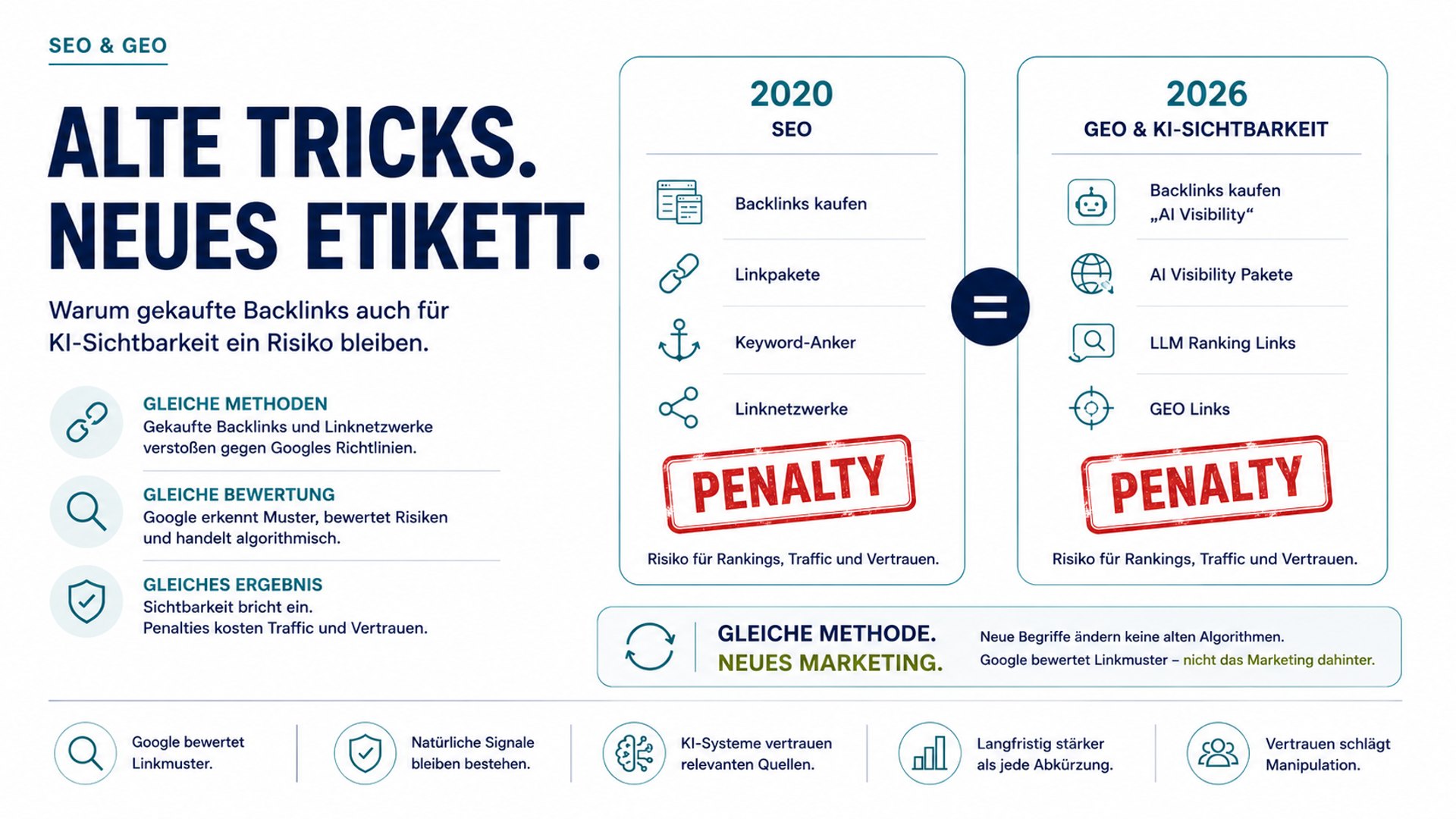 Infografik zum Backlink-Kauf für KI-Sichtbarkeit: SEO-Linkpakete aus dem Jahr 2020 und neue GEO-Angebote aus 2026 führen trotz anderem Marketing zum gleichen Penalty-Risiko.