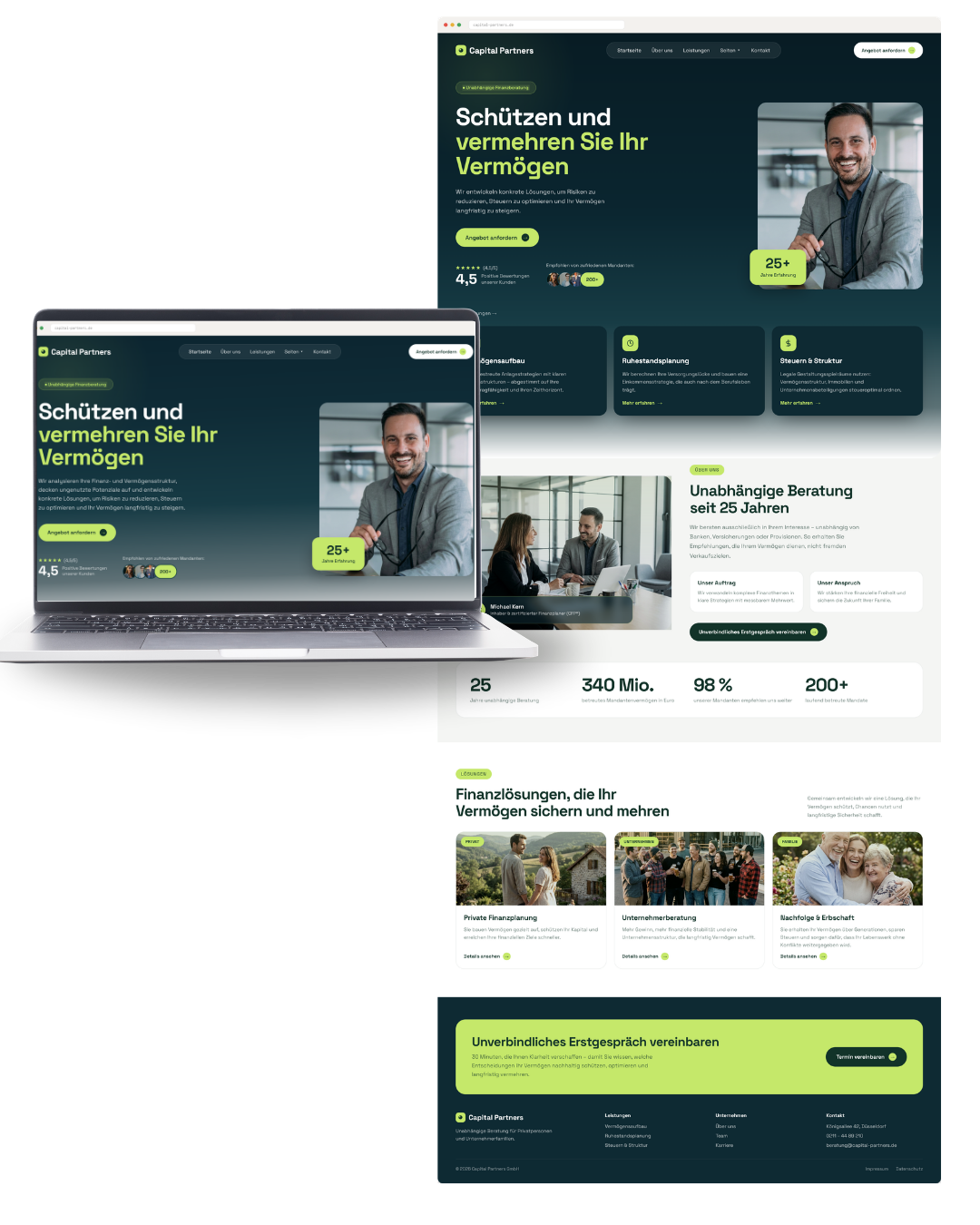Finanzberatung: Laptop-Ansicht und Landingpage-Auszug