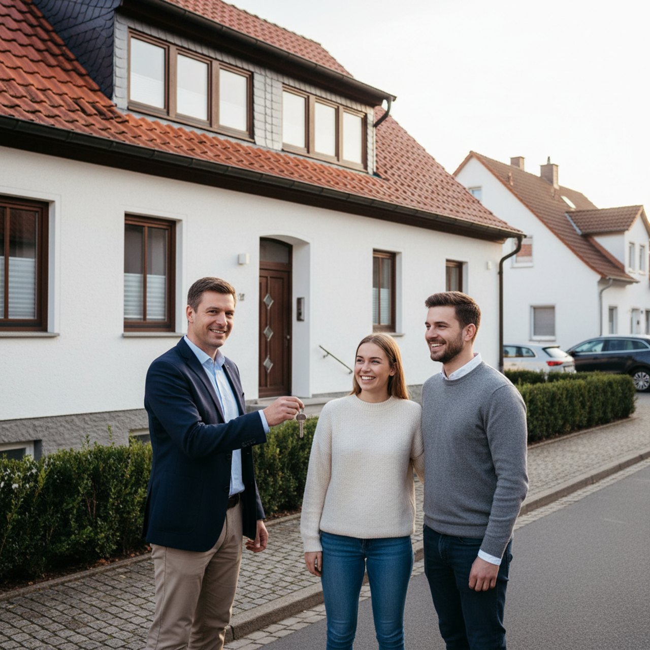 Schlüsselübergabe vor einem sanierten Einfamilienhaus in Leonberg