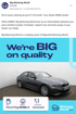 Anzeige von Big Motoring World: "We're BIG on quality" über einem grauen BMW mit "Petrol Plug-in Hybrid" und "Automatic" Spezifikationen.