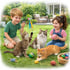 Zwei Kinder spielen mit drei Katzen und Spielzeug im Garten auf grünem Gras.