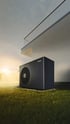 Schwarze Vaillant Wärmepumpe auf Rasen vor einem modernen Gebäude bei Sonnenuntergang.
