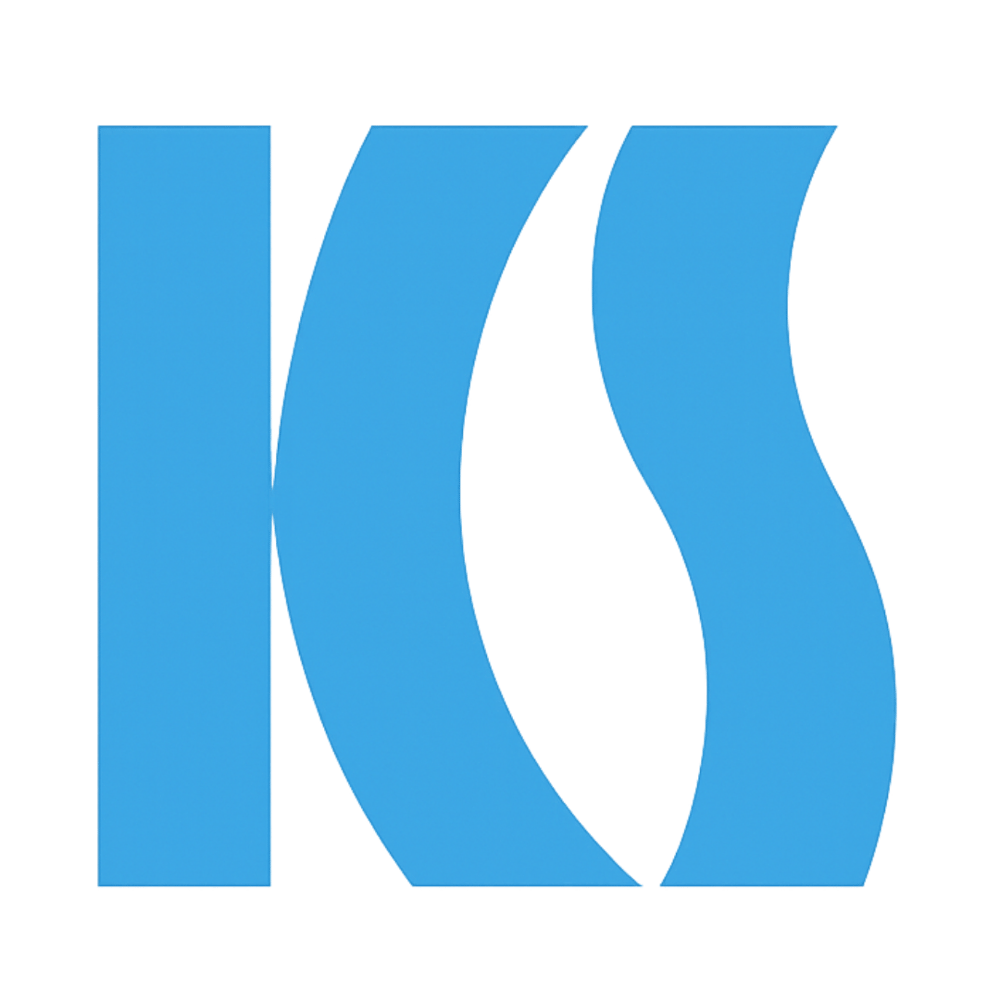Blaues Logo mit den stilisierten Buchstaben K und S auf dunklem Hintergrund.