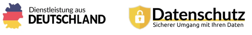 Logos für Dienstleistung aus Deutschland und Datenschutz mit einem goldenen Schild und Schloss-Symbol.
