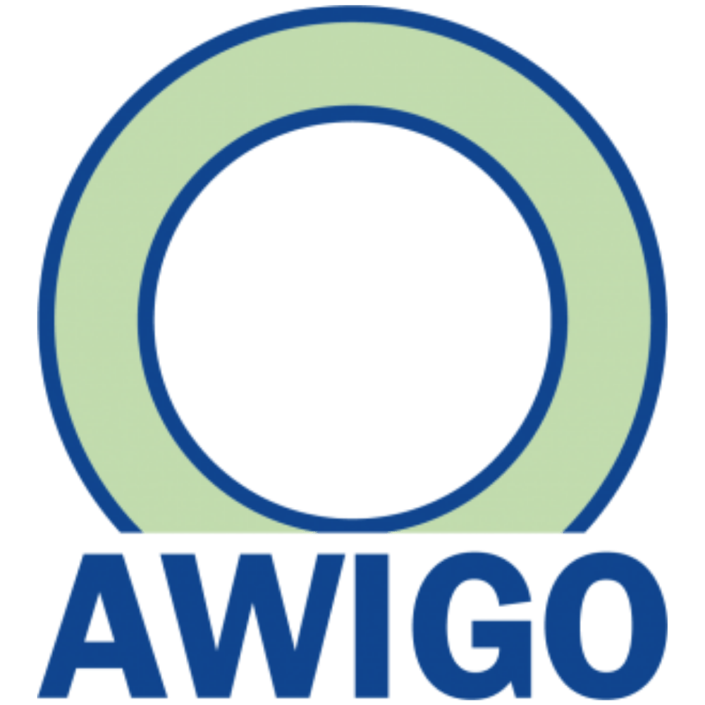 AWIGO-Logo mit einem hellgrünen Kreis, der von einem dunkelblauen Kreis umrandet ist, und dem Wort "AWIGO" in Blau.