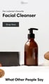 Braune Flasche mit Spender und schwarzer Schachtel auf weißem Hintergrund. Text: "Facial Cleanser", "Shop Now".
