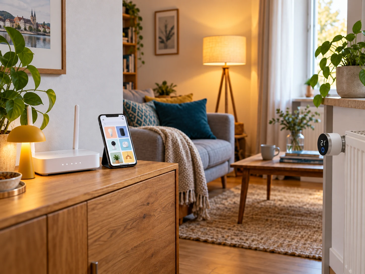 KI-Beispielmotiv: Wohnzimmer mit zwei leuchtenden Lampen, Router, Smartphone und digitalem Heizthermostat