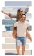 A man in glasses giving a woman a piggyback ride by the sea.