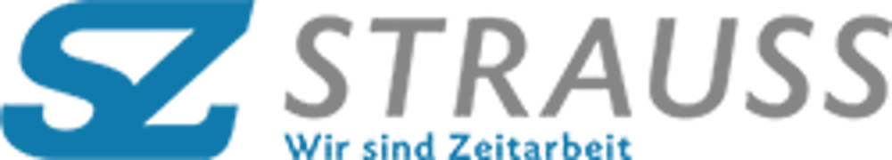 Firmenlogo von Strauss mit dem S in Blau und Strauss in Grau, darunter der blaue Text "Wir sind Zeitarbeit".