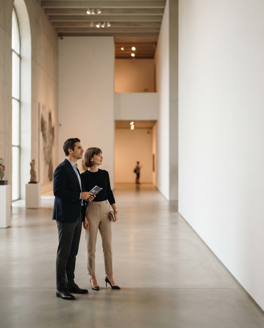Besucher im Kunstmuseum blicken zu den LED-Postern