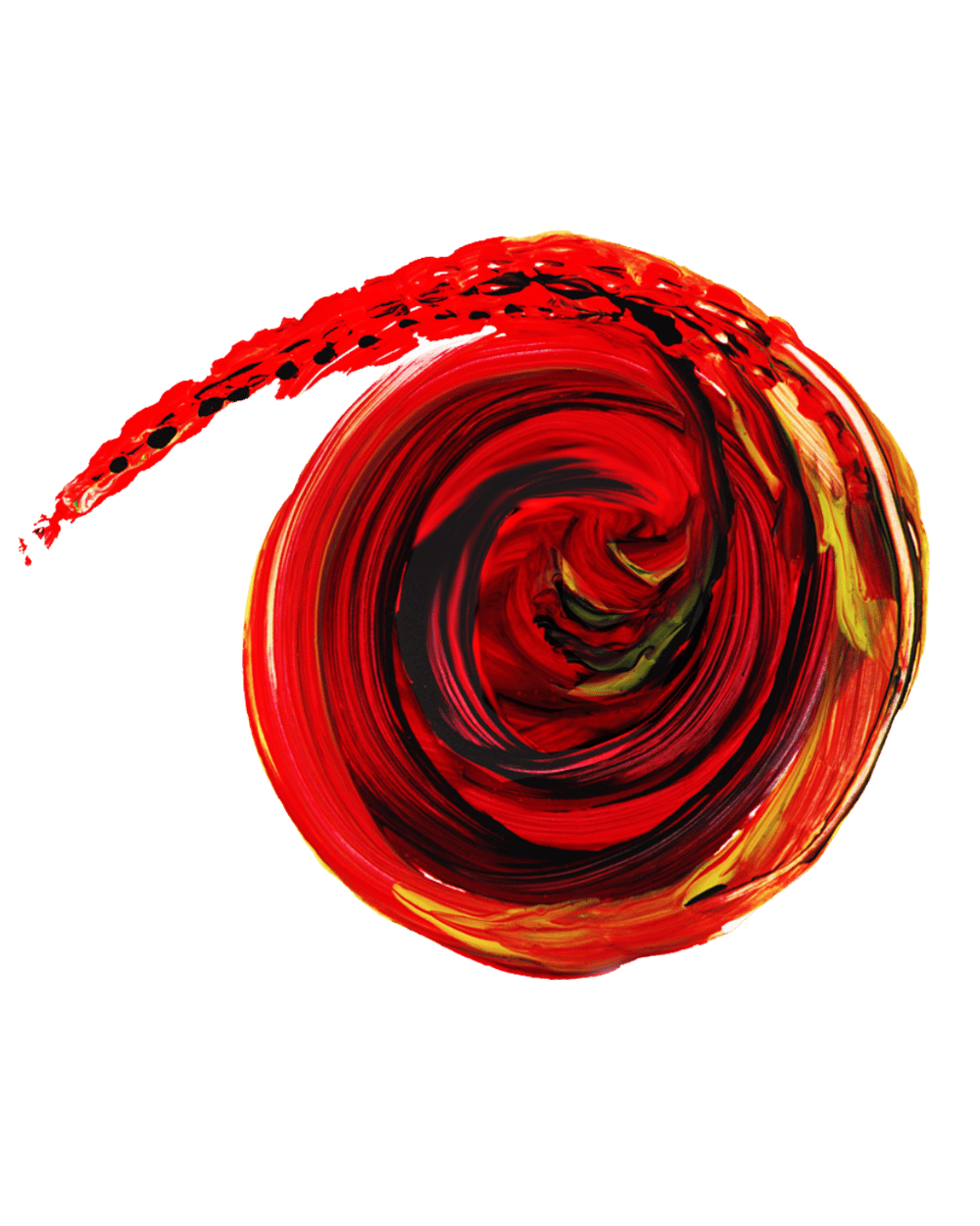 Rote, schwarze und gelbe Farbwirbel, die eine Spirale bilden, die nach links oben ausläuft.
