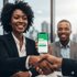 Smiling woman holds phone showing a green messaging app with text: "Your transfer completed." Two people shake hands.