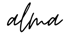 Schwarzer Schriftzug "alma" in Schreibschrift auf dunkelgrünem Hintergrund.