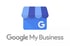 Google My Business Logo mit stilisiertem blauen Laden und weißem "G" auf blauem Hintergrund, Schriftzug "Google My Business".
