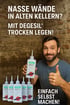 Mann hält DEGESIL®-Flasche in einem Keller mit Ziegelwänden, Daumen hoch. Text: "NASSE WÄNDE IN ALTEN KELLERN? MIT DEGESIL® TROCKEN LEGEN! EINFACH SELBST MACHEN!"