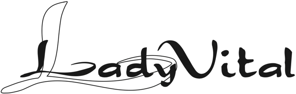 Schwarzer Schriftzug "LadyVital" auf dunkelgrünem Hintergrund.