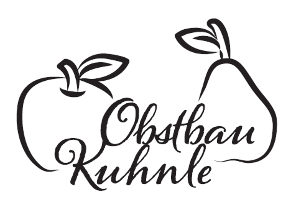 Weißer Umriss von Apfel und Birne mit dem Schriftzug "Obstbau Kuhnle" auf dunkelgrünem Hintergrund.