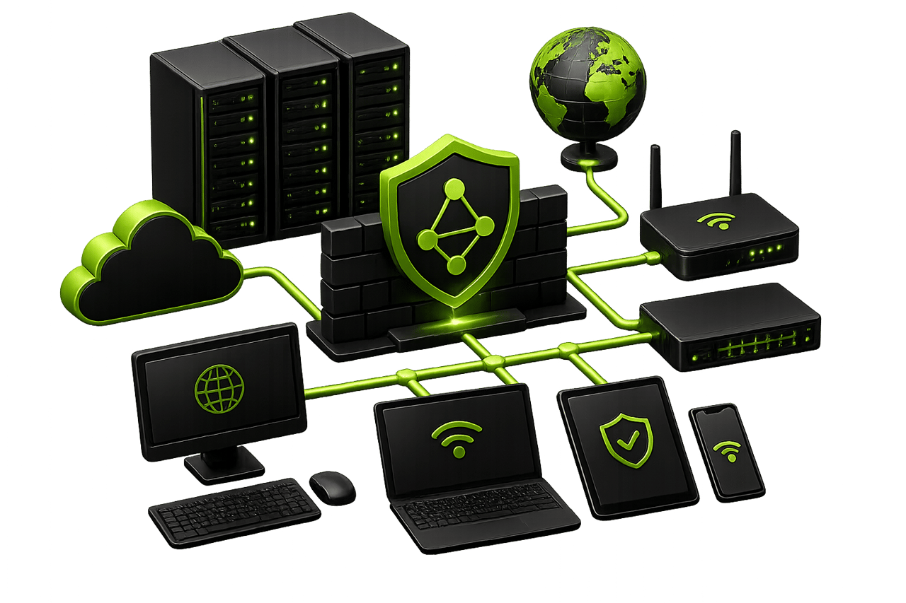 Vernetzte IT-Infrastruktur mit Servern, Laptops, Router und Cloud, geschützt durch ein grünes Schild vor einer Mauer