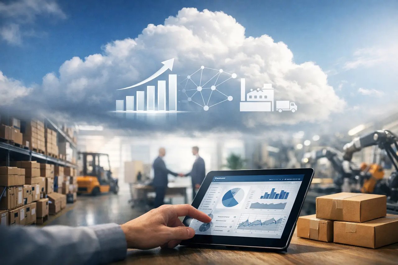 Ein Tablet zeigt Diagramme vor einem Lagerhaus mit Icons für Wachstum, Vernetzung und Logistik in einer Wolke.