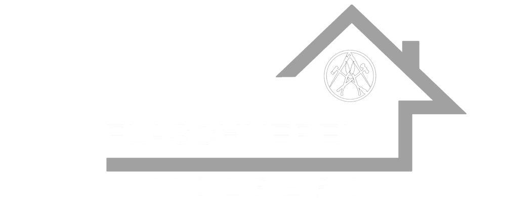 Logo der Flaschnerei Wolpert mit einem Hausumriss und Zunftwappen auf schwarzem Hintergrund.